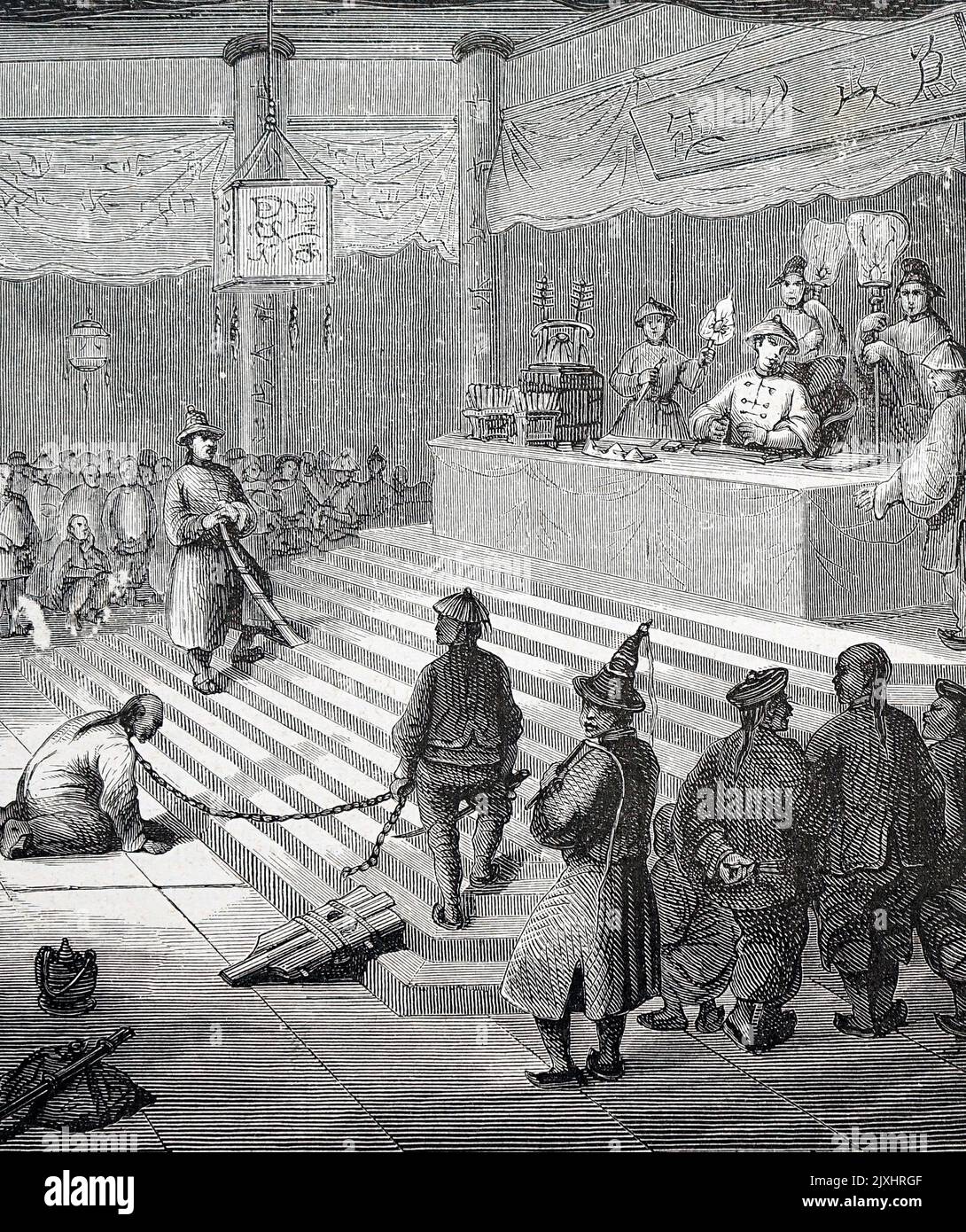 Illustrazione raffigurante un burocrate mandarino che deve affrontare il processo. Datato 19th ° secolo Foto Stock