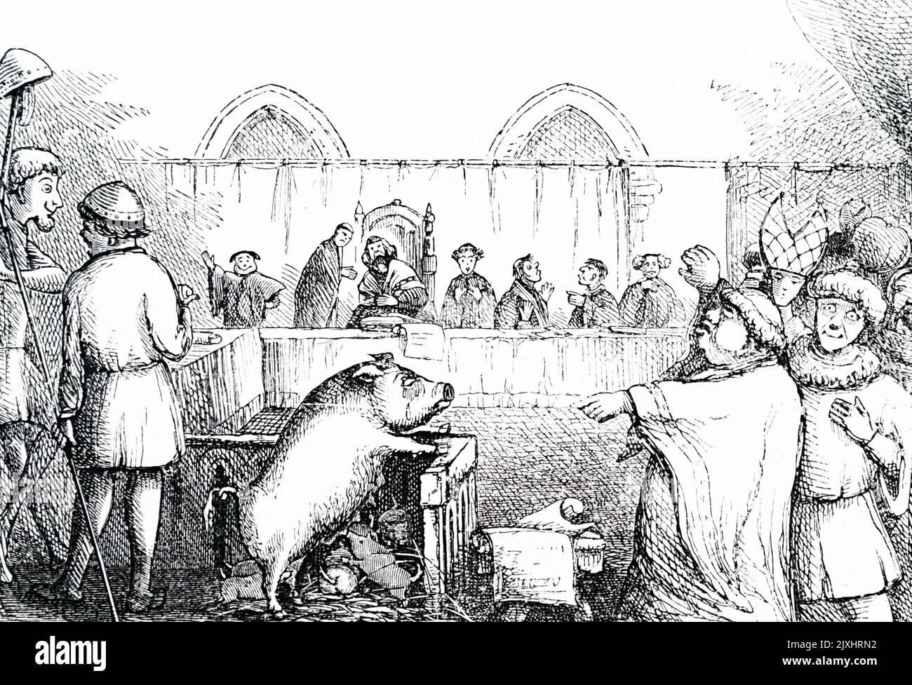 Illustrazione intitolata 'Animali in prova' raffigurante scrofe e suinetti che sono stati provati al Lavegny per aver ucciso e in parte mangiare un bambino nel 15th ° secolo. Datato 19th ° secolo Foto Stock