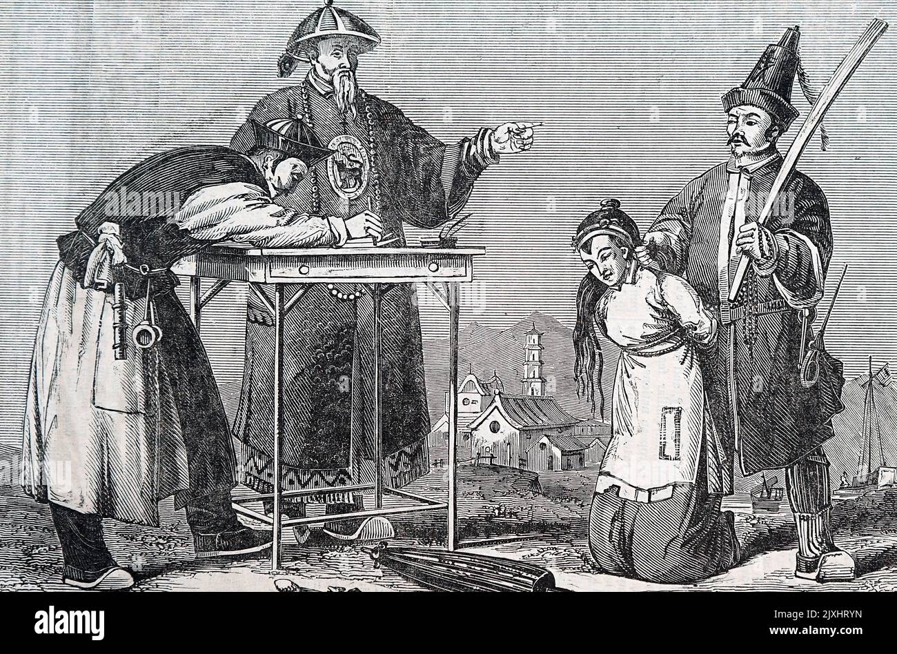 Illustrazione raffigurante una donna che ha recato davanti ad un mandarino per il giudizio. Datato 19th ° secolo Foto Stock