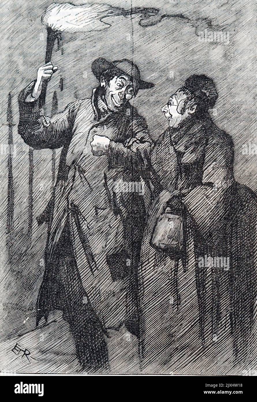 Illustrazione raffigurante una coppia che cammina per le strade di Londra di notte. Datato 19th ° secolo Foto Stock