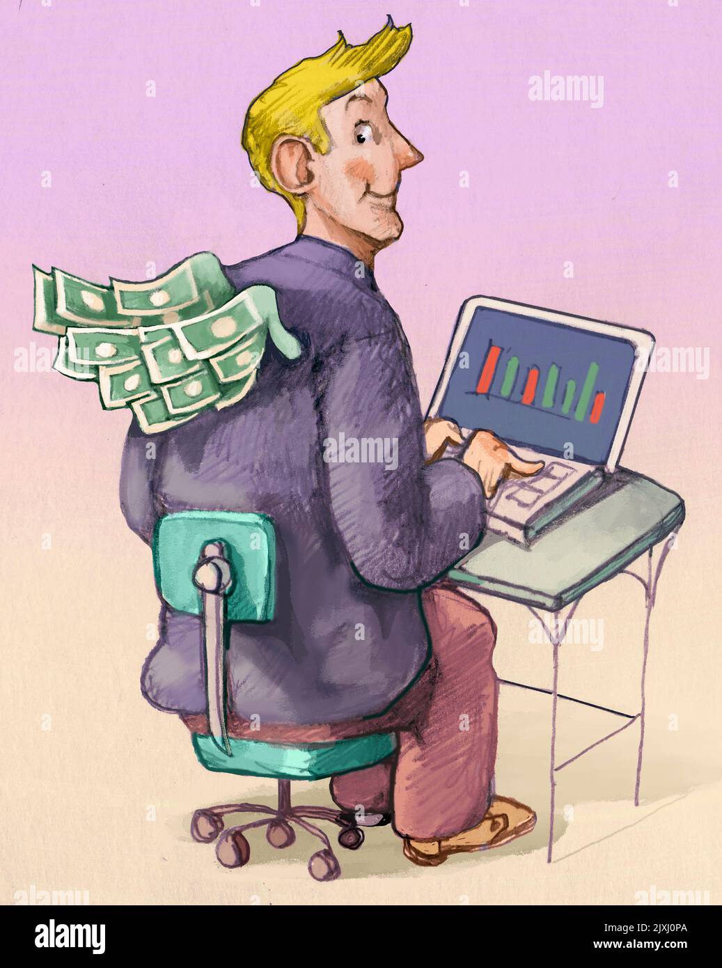 l'uomo di fronte ad un computer sta commerciando sulle sue spalle ali germoglianti fatto di banconote online trading concetto Foto Stock