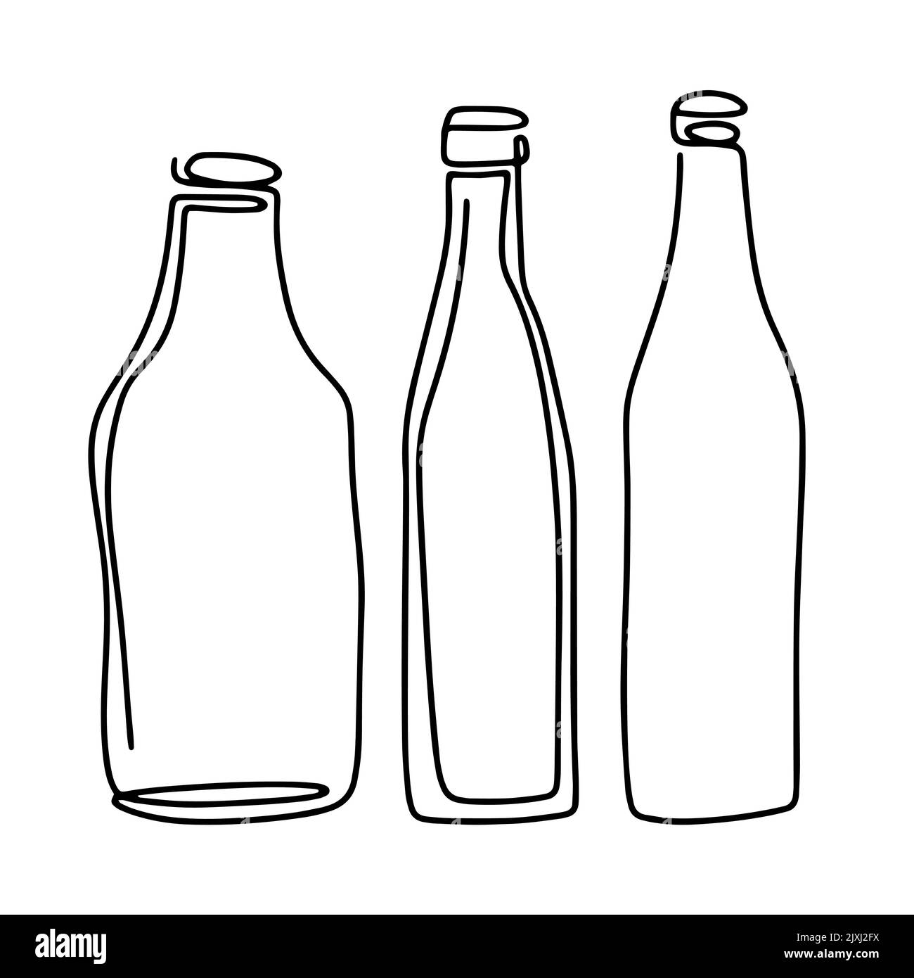 Set di bottiglie in vetro linea art. Contour recipienti per liquidi e bevande. Illustrazione vettoriale isolata di una semplice vetreria nera per abbeveraggio Illustrazione Vettoriale