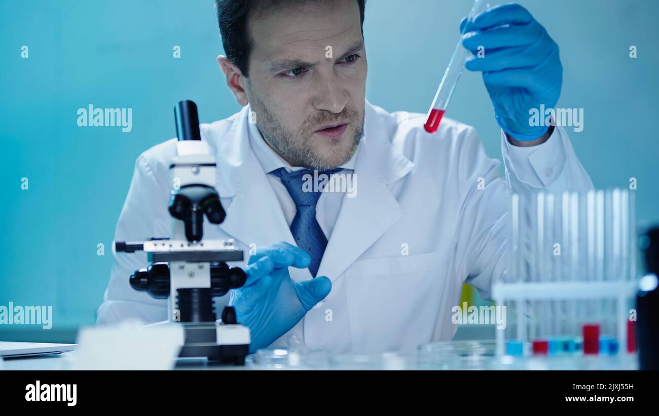 un attento scienziato che guarda la provetta con sostanza rossa vicino al microscopio in laboratorio, immagine stock Foto Stock