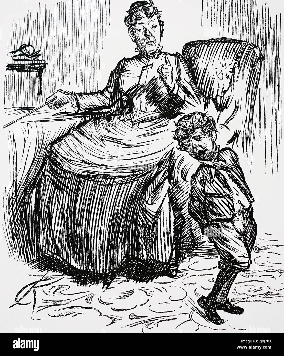 Cartoon raffigurante una madre che punisce il suo bambino. Illustrato da Charles Samuel Keene (1823-1891) artista e illustratore inglese. Datato 19th ° secolo Foto Stock