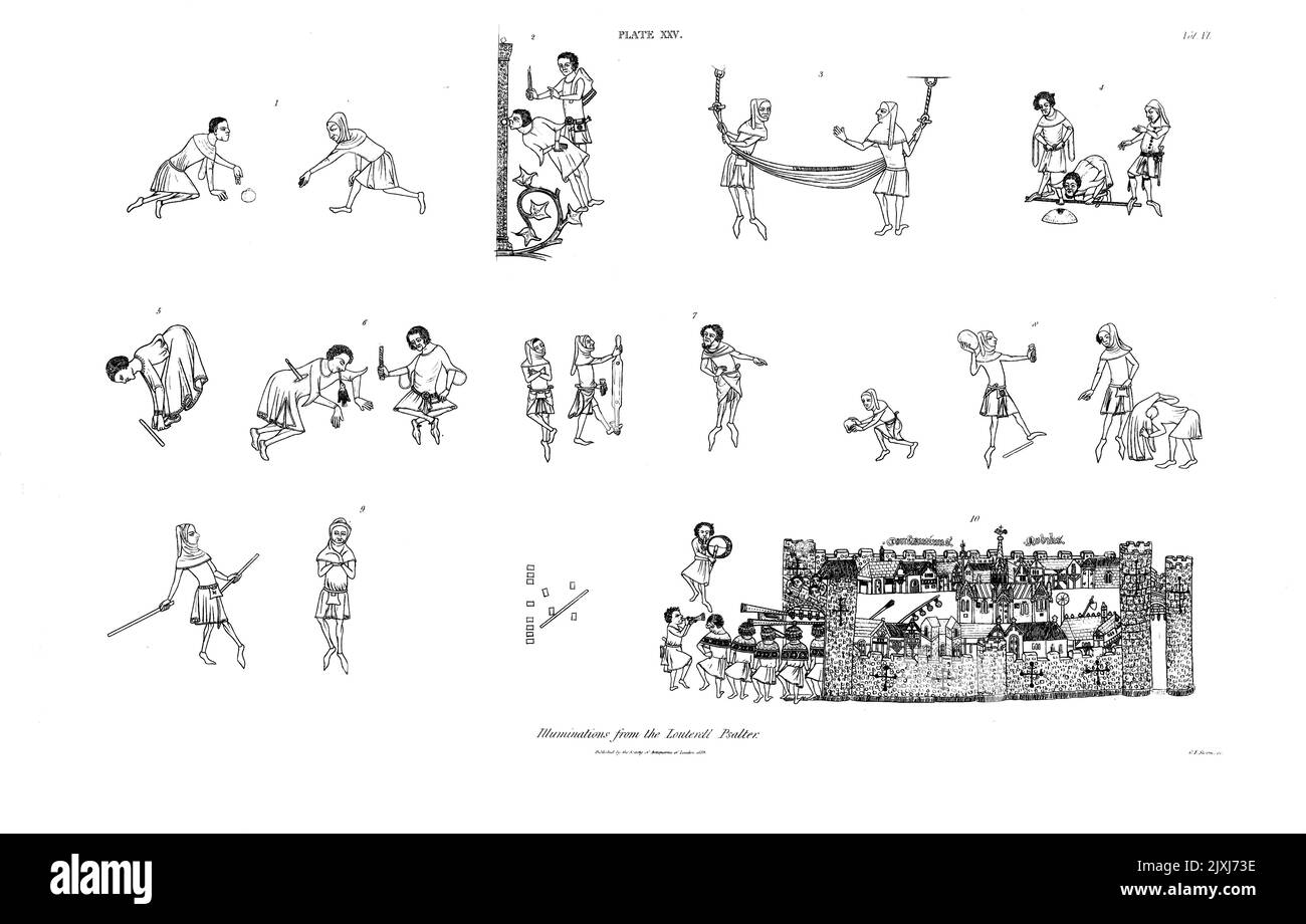 Louterell Salterter, manoscritto illuminato della prima parte del quattordicesimo centuro il Salterer Louterell, così prezioso per le illustrazioni che offre delle maniere e dei costumi inglesi durante la prima parte del XIV secolo, è una spessa cartella sul vellum, che misura 14 pollici per 10, e contiene 309 foglie, accanto a una foglia di mosca ad ogni estremità Foto Stock