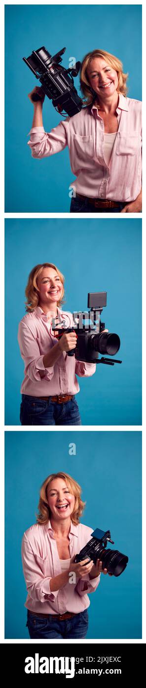 Pellicola a esposizione multipla di una videografica femminile matura con fotocamera su sfondo blu in Studio Foto Stock