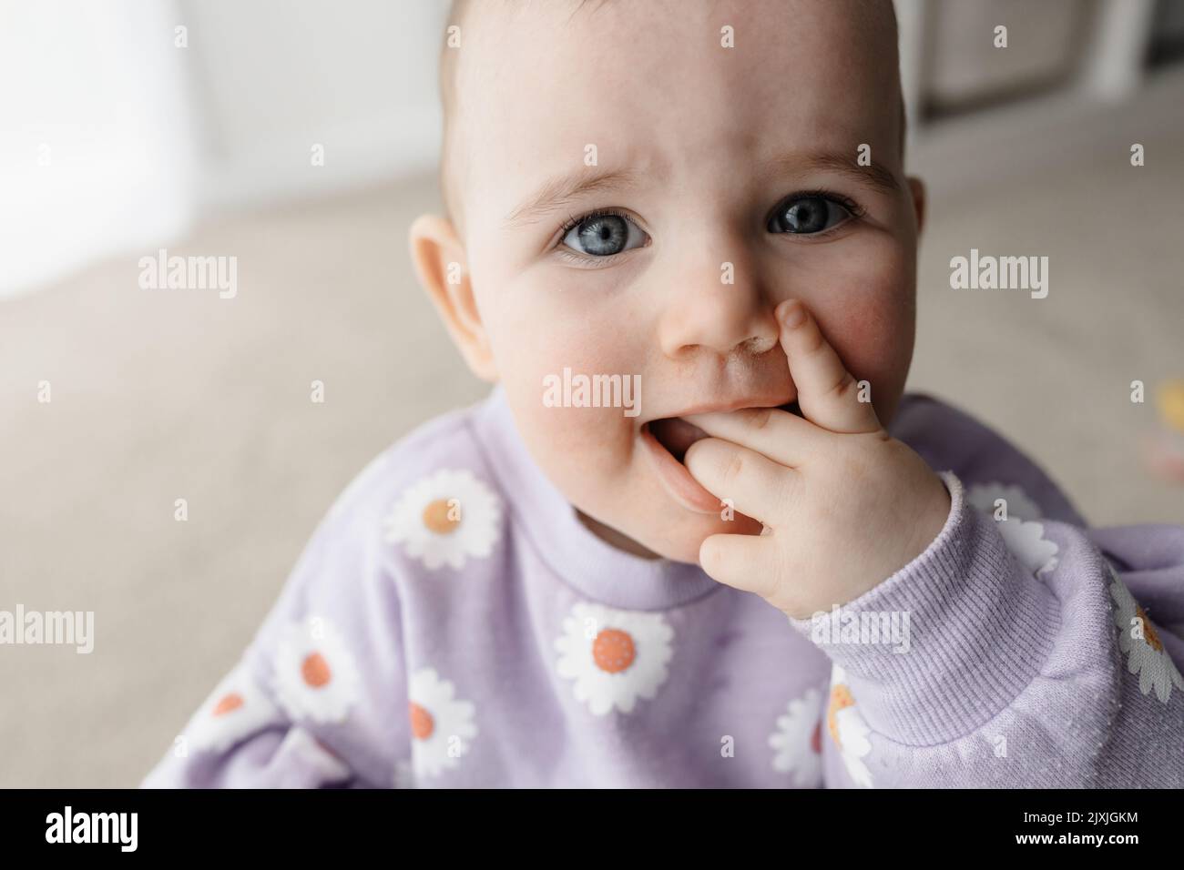 Una ragazza caucasica di un anno con gli occhi blu seduti a terra giocando con i blocchi Foto Stock