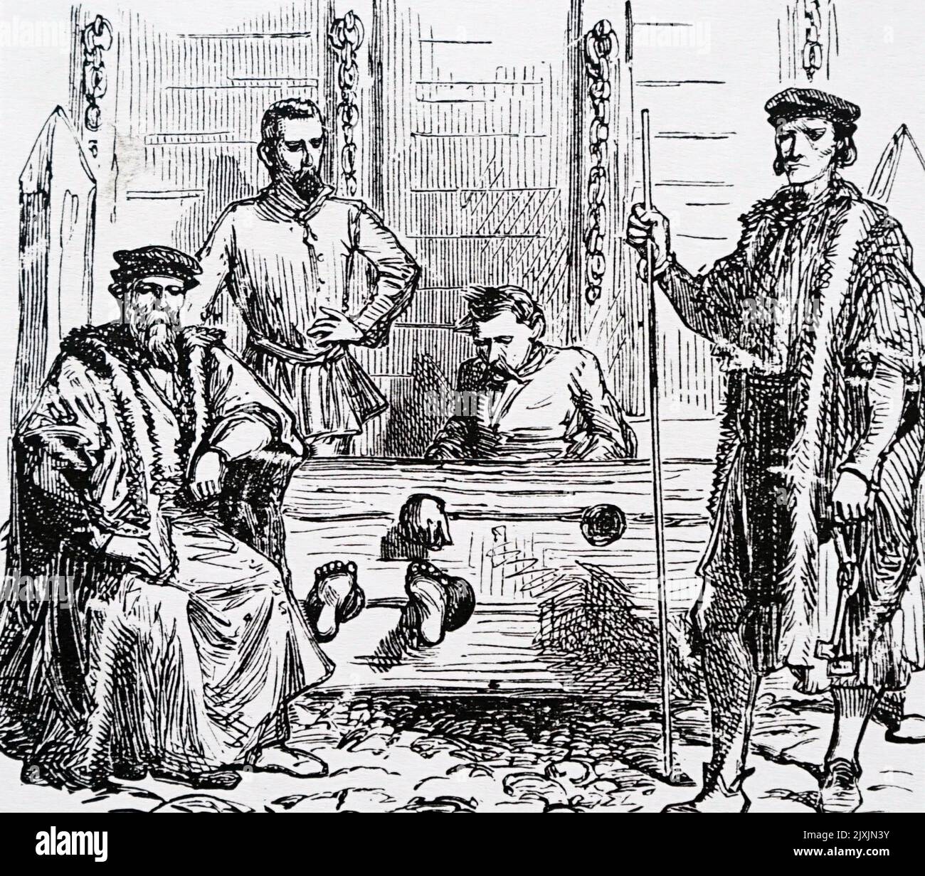 Illustrazione raffigurante la punizione da parte degli stock. Datato 16th ° secolo Foto Stock