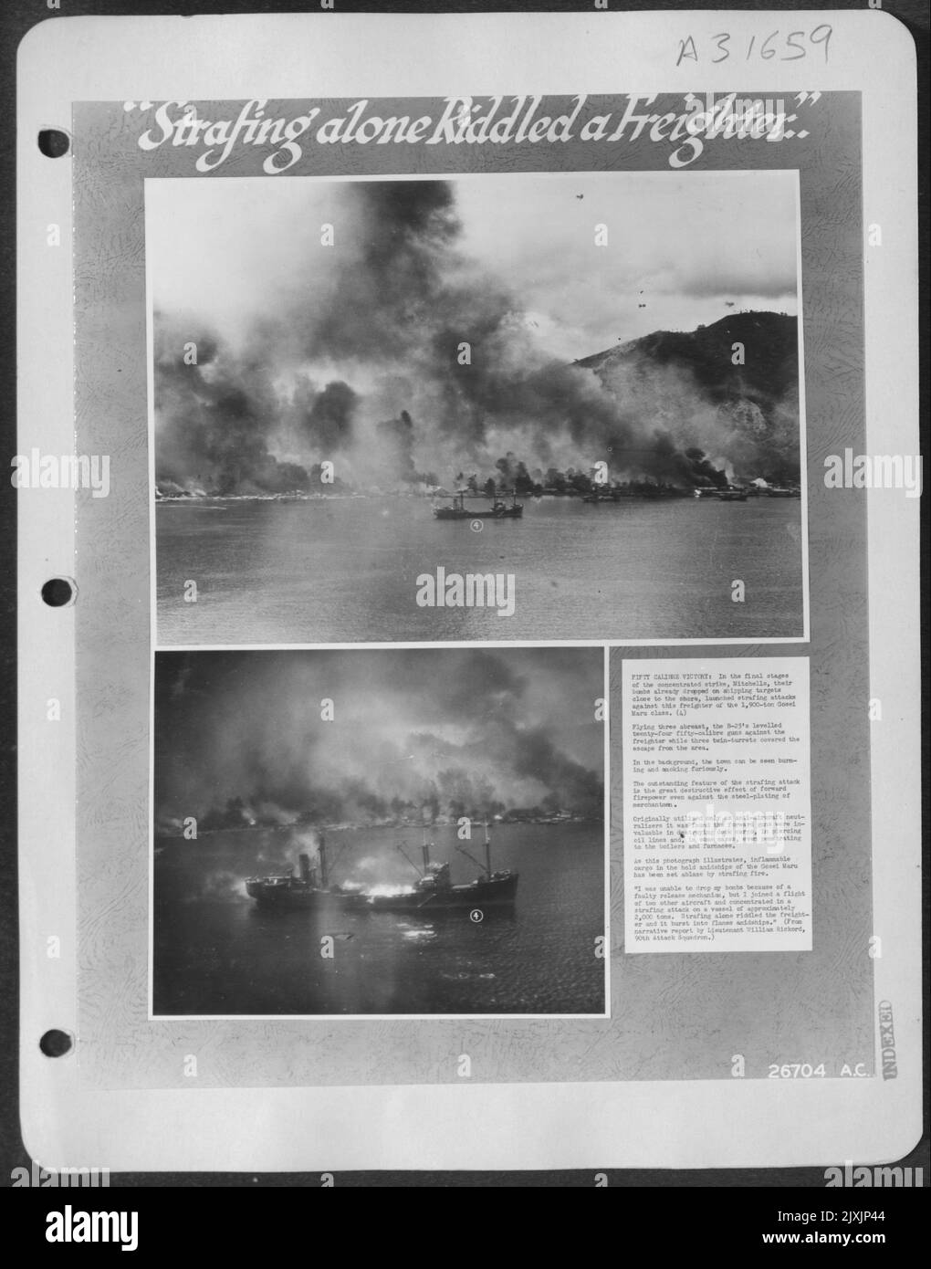 VITTORIA DI CALIBRO CINQUANTA: Nelle fasi finali dello sciopero concentrato, Mitchells, le loro bombe già scese su bersagli di navigazione vicino alla riva, lanciarono attacchi strafing contro questo pescatore della classe Gosei Maru da 1.900 tonnellate. (4) tre volanti Foto Stock