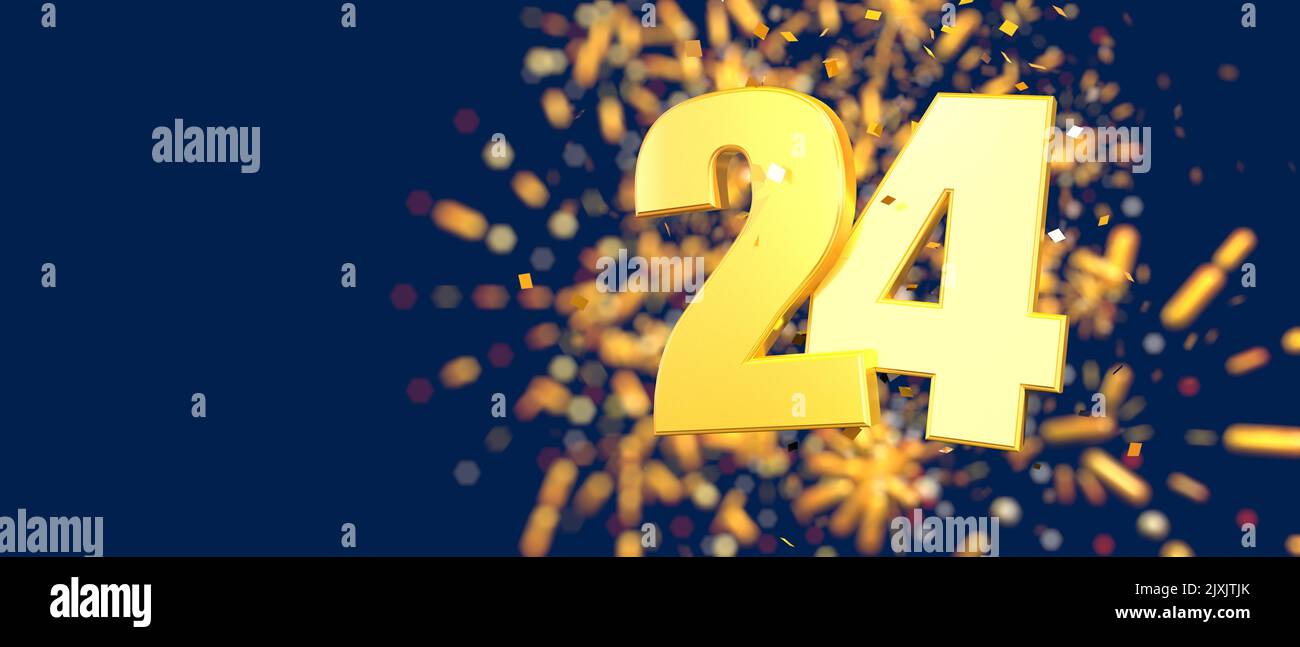 Oro numero 24 in primo piano con coriandoli d'oro cadenti e fuochi d'artificio dietro fuori fuoco su sfondo blu scuro. 3D Illustrazione Foto Stock
