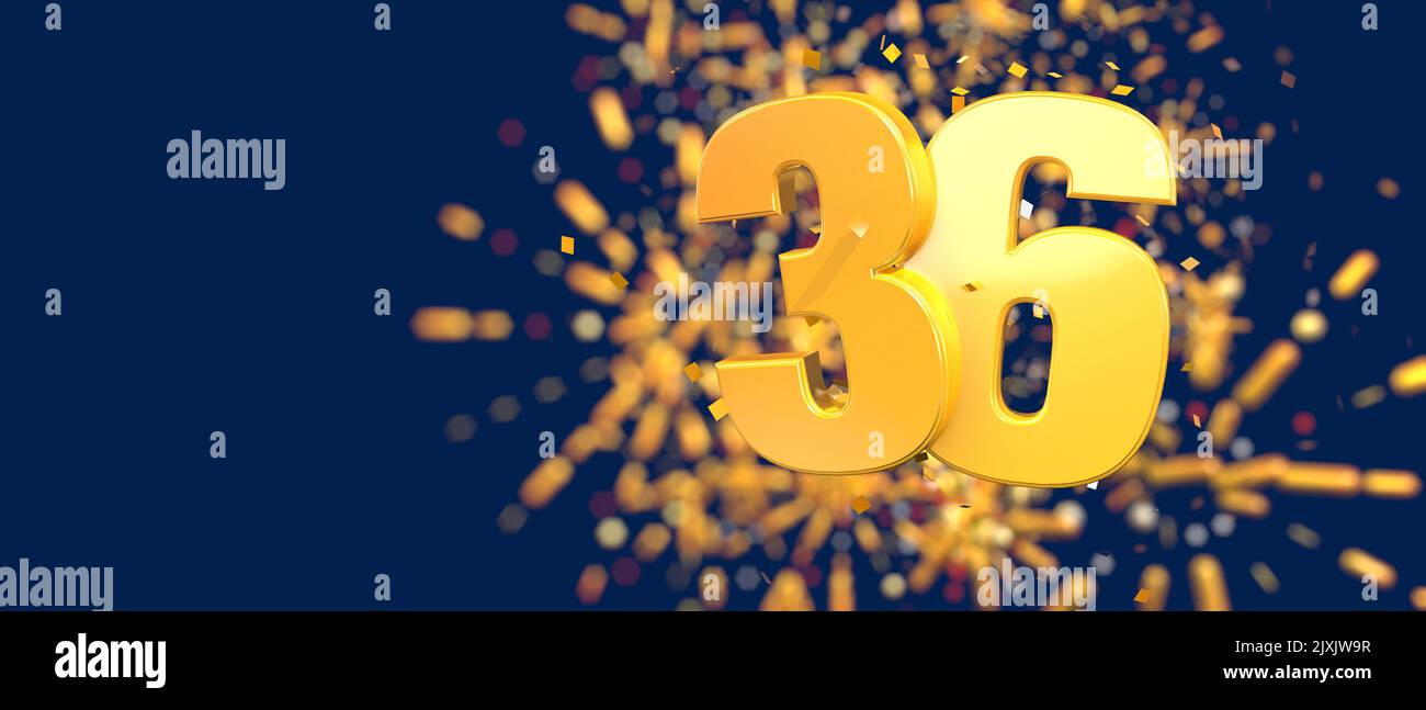Oro numero 36 in primo piano con coriandoli d'oro cadenti e fuochi d'artificio dietro fuori fuoco su sfondo blu scuro. 3D Illustrazione Foto Stock