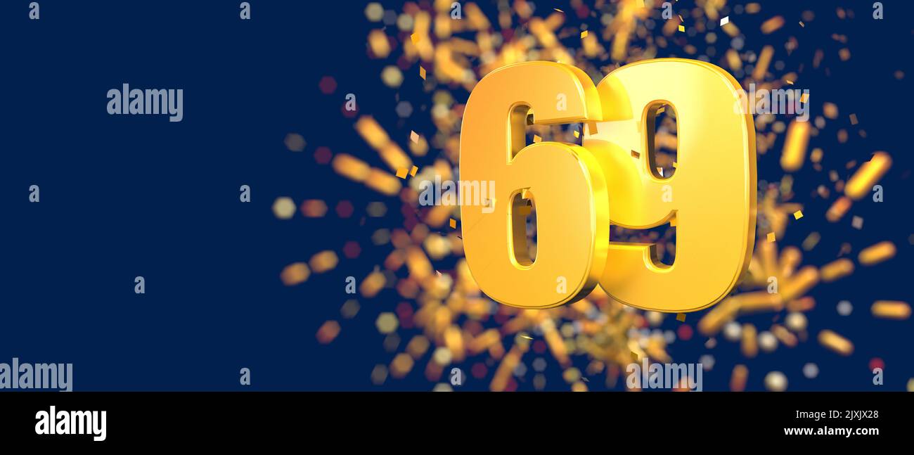 Oro numero 69 in primo piano con coriandoli d'oro cadenti e fuochi d'artificio dietro fuori fuoco su sfondo blu scuro. 3D Illustrazione Foto Stock