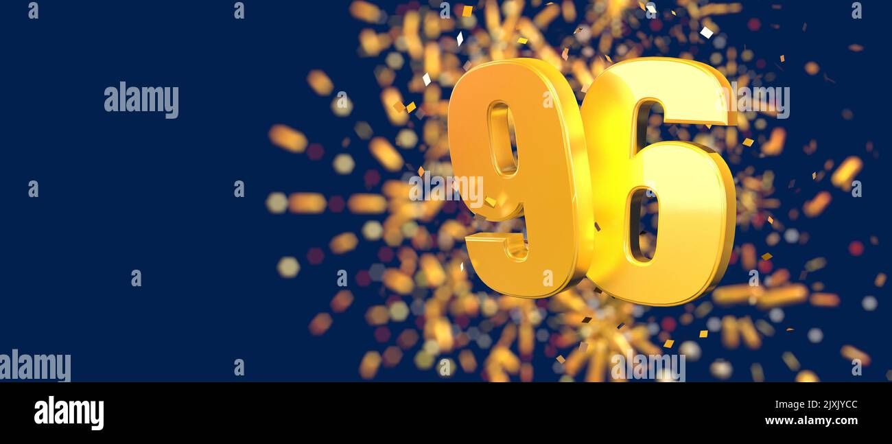 Oro numero 96 in primo piano con coriandoli d'oro cadenti e fuochi d'artificio dietro fuori fuoco su sfondo blu scuro. 3D Illustrazione Foto Stock