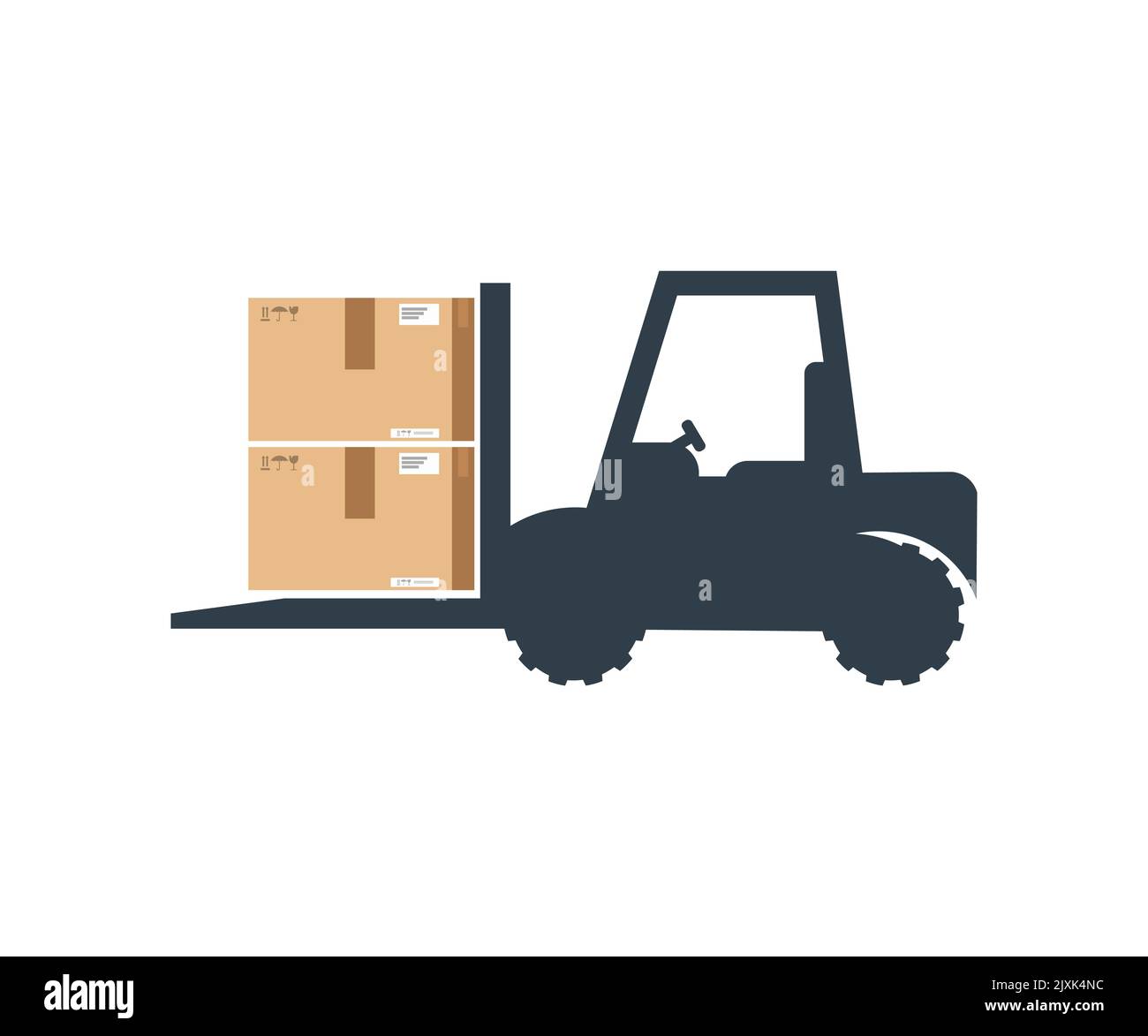 Confezione box cargo con logo per carrelli elevatori a forche. Impilamento pacchi scaffale scatole di cartone magazzino e magazzino stoccaggio, merce, spedizione e logistica. Illustrazione Vettoriale