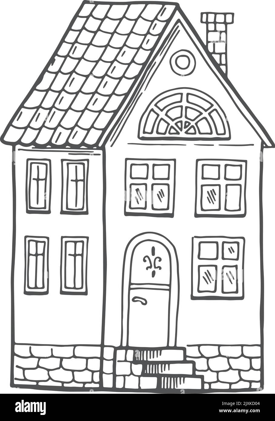 Vecchia casa doodle. Edificio con camino e tetto piastrellato Illustrazione Vettoriale