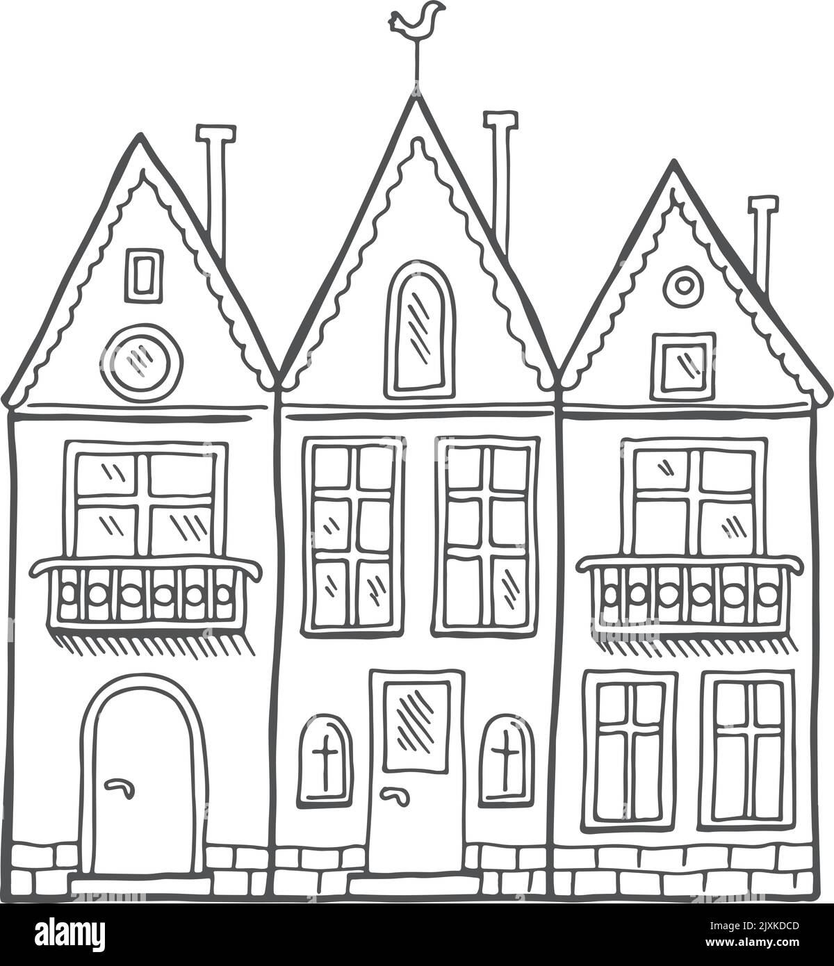 Grazioso appartamento vivente case doodle. Schizzo degli edifici di strada Illustrazione Vettoriale