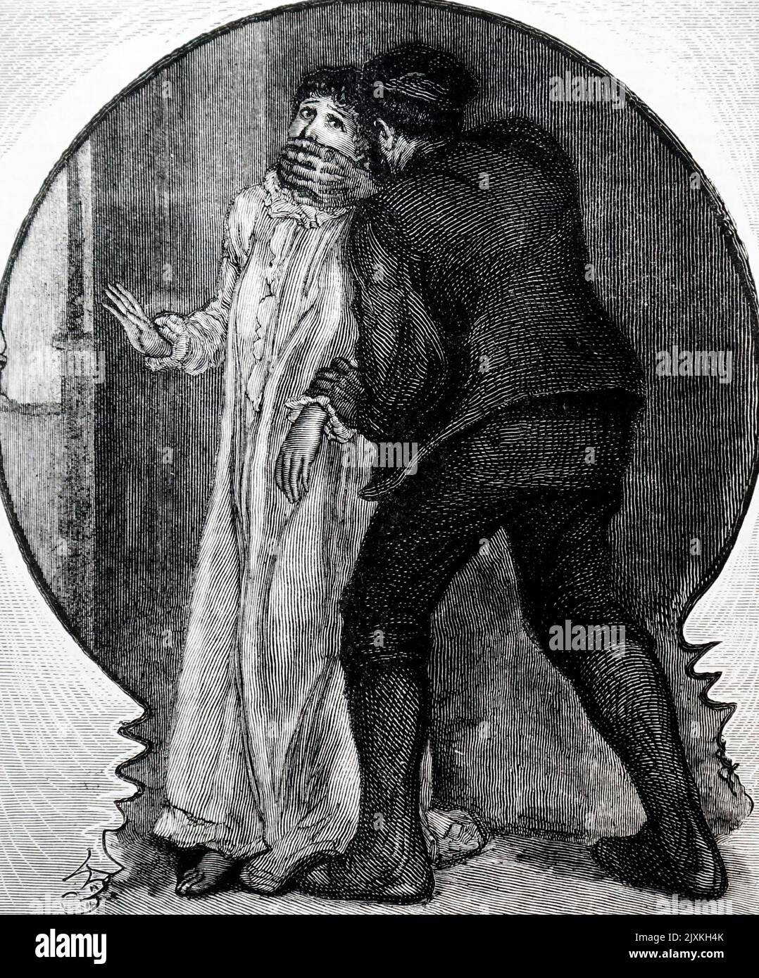 Illustrazione raffigurante un intruso interrotto da una giovane donna. Datato 19th ° secolo Foto Stock