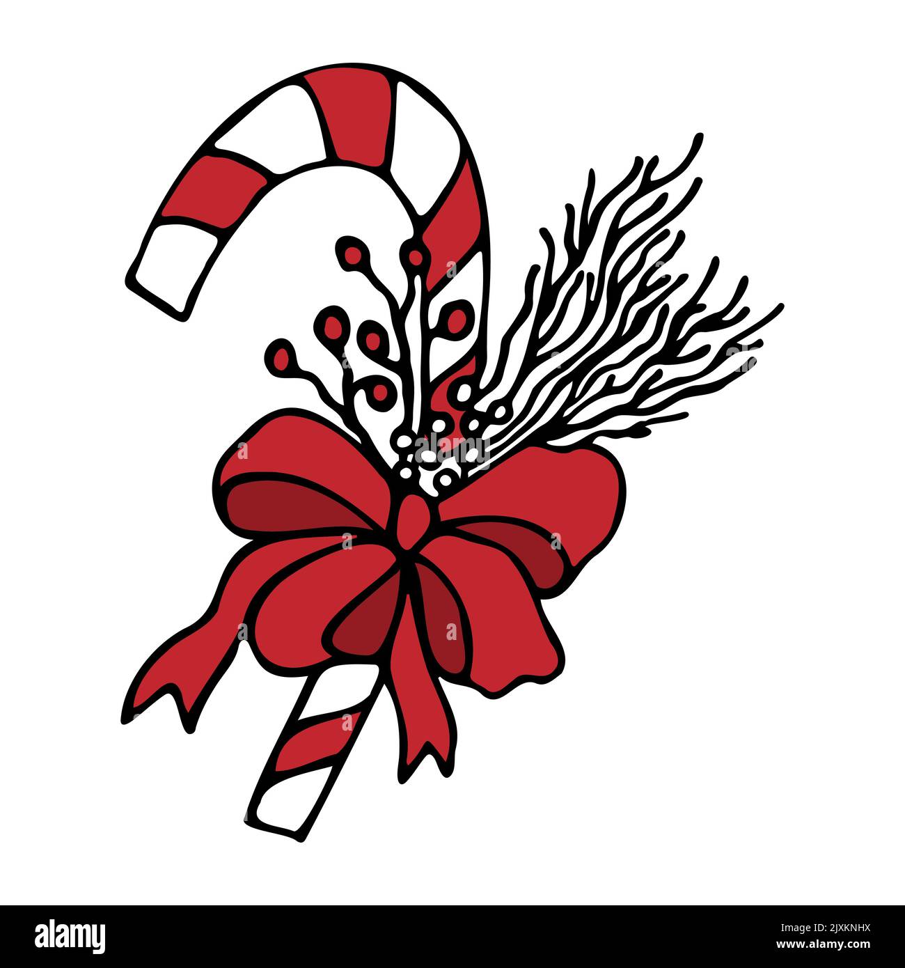 La canna di caramella di Natale con un arco è disegnata a mano. Composizione natalizia con lollipop a righe in stile doodle isolato su sfondo bianco. Vettore Illustrazione Vettoriale