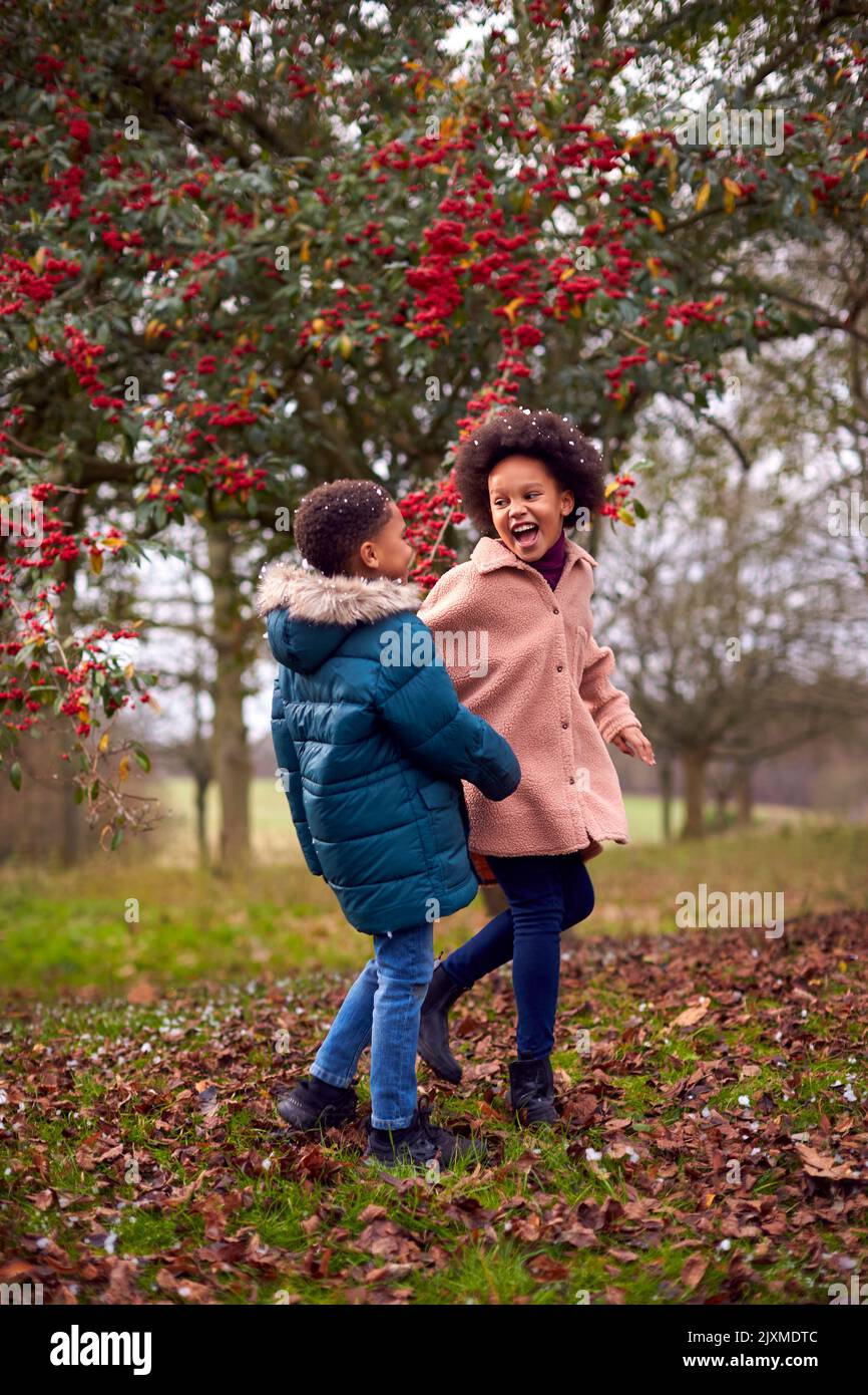 Due bambini possono passeggiare in autunno o in inverno nella campagna nella neve Foto Stock