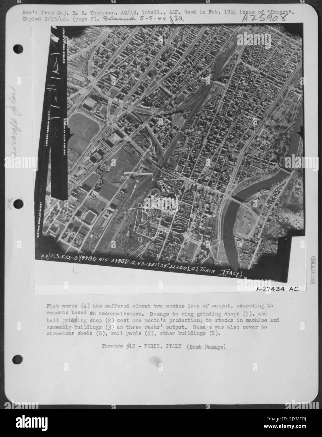 Le opere Fiat (A) hanno subito una perdita di produzione di quasi due mesi, secondo rapporti basati sulla ricognizione. I danni alle officine di rettifica per anelli (1) e alle officine di rettifica per sfere (2) costano un mese di produzione; alle scorte negli edifici di macchine e di assemblaggio (3) Foto Stock