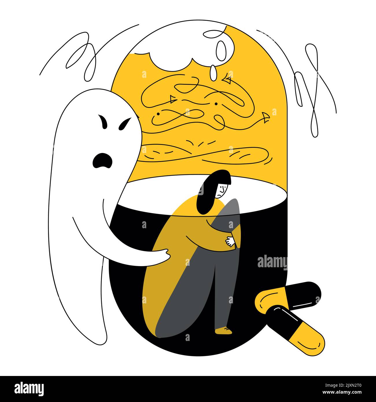 Persona all'interno della pillola, hanno PTSD, sintomi OCD, pensieri intrusivi, paura, neurosi e attacco di panico. Sindrome dell'illustrazione vettoriale ossessiva compulsiva Illustrazione Vettoriale