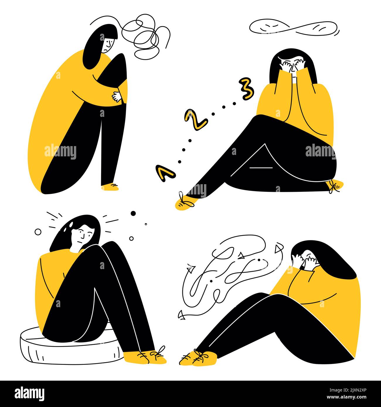 Insieme di persone ha PTSD, sintomi OCD pensieri intrusivi, paura, neurosi e attacco di panico. Illustrazione vettoriale con sindrome di ragazza ossessiva compulsiva Illustrazione Vettoriale