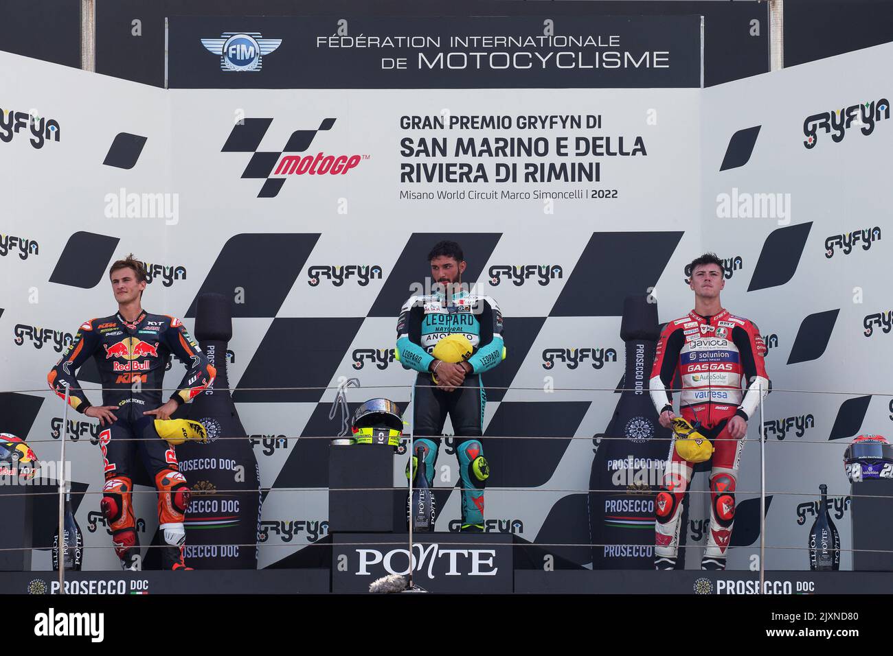 Moto3 Podium in occasione del Gran Premio di San Marino e della Riviera di Rimini gara Moto2 - Moto3, Campionato del mondo MotoGP a Misano Adriatico, 04 2022 settembre Foto Stock