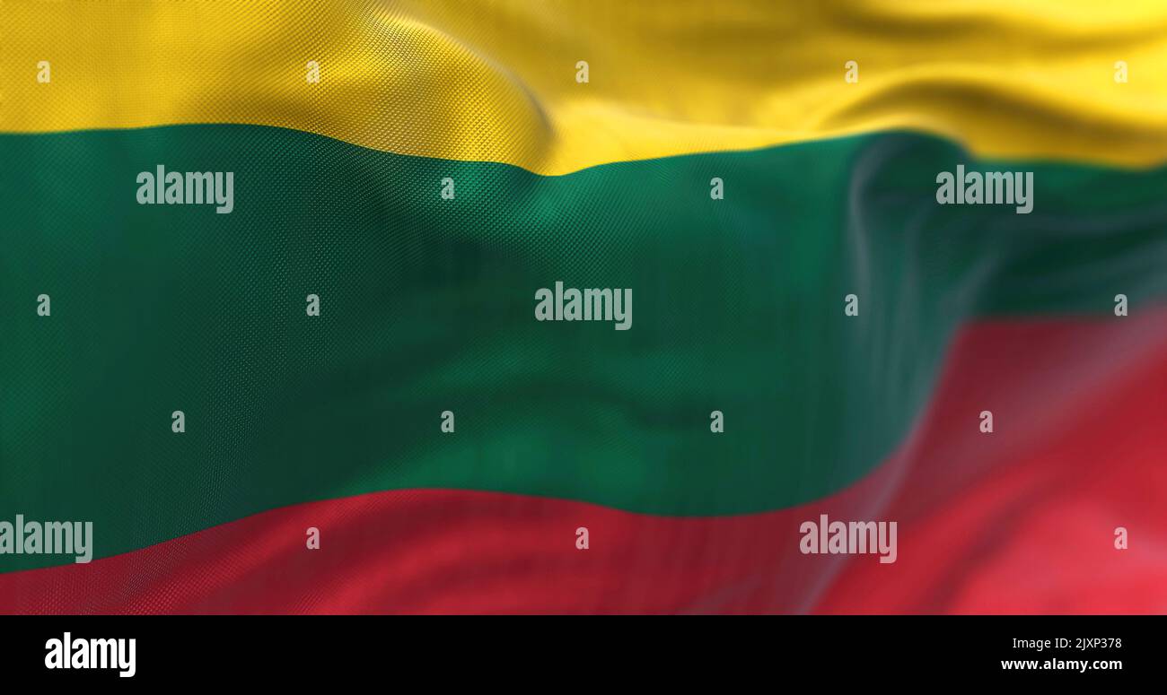 Vista ravvicinata della bandiera nazionale lituana che sventola nel vento. La Repubblica di Lituania è un paese della regione baltica europea. Tessuto textur Foto Stock