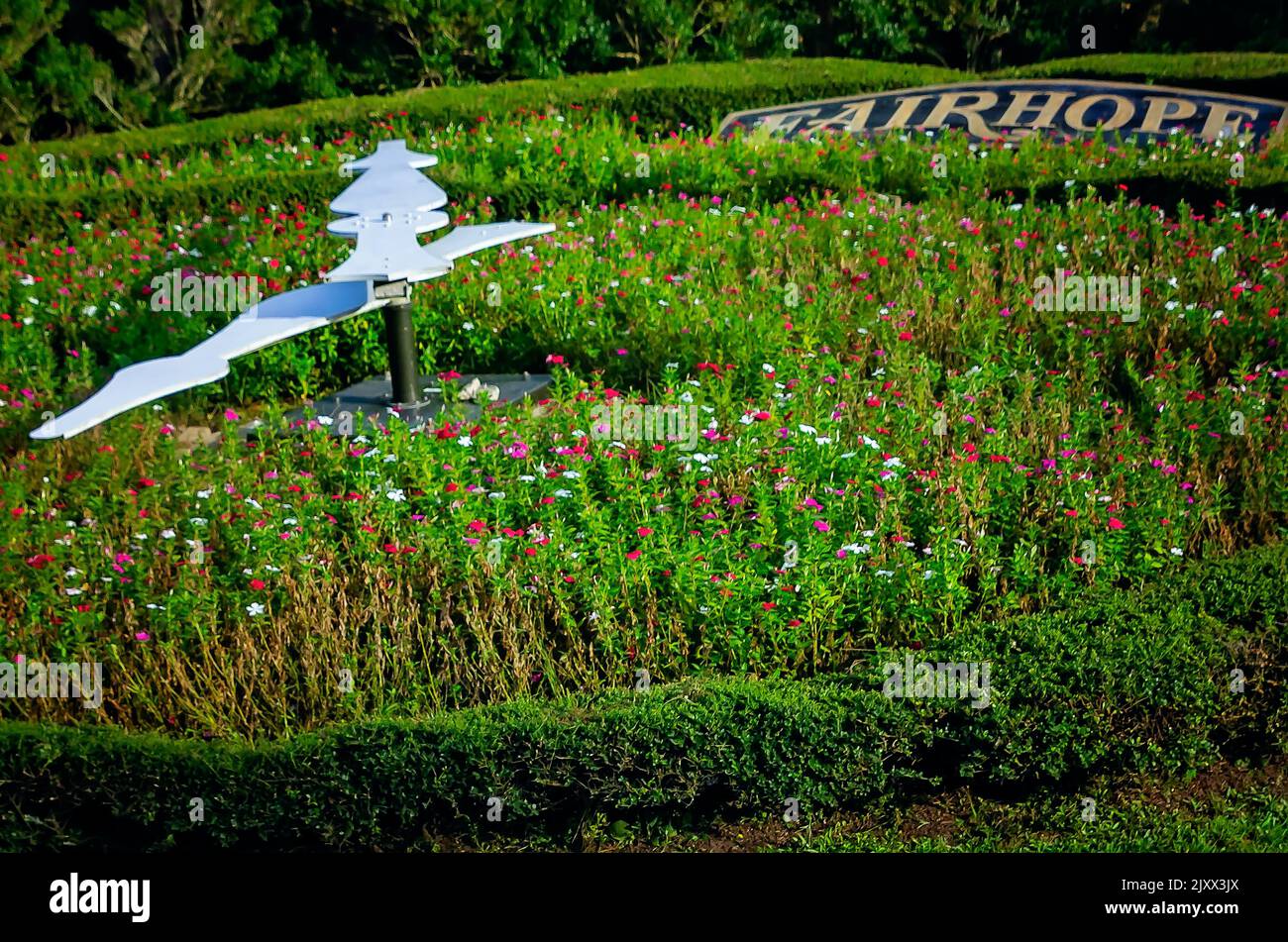 Il Fairhope Floral Clock è illustrato, 4 settembre 2022, a Fairhope, Alabama. Il "viso" dell'orologio è composto da quattro aiuole fiorite e lancette meccaniche. Foto Stock