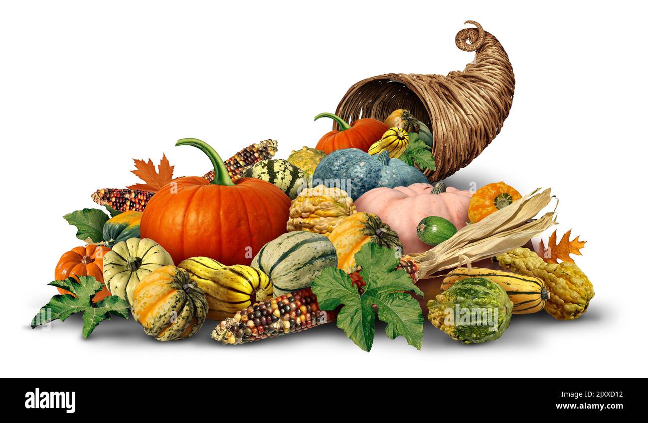 Oggetto corno di Cornucopia di ringraziamento pieno di frutta e verdura fresca su uno sfondo bianco come un tradizionale rustico vimini o cesto tessuto con Autu Foto Stock
