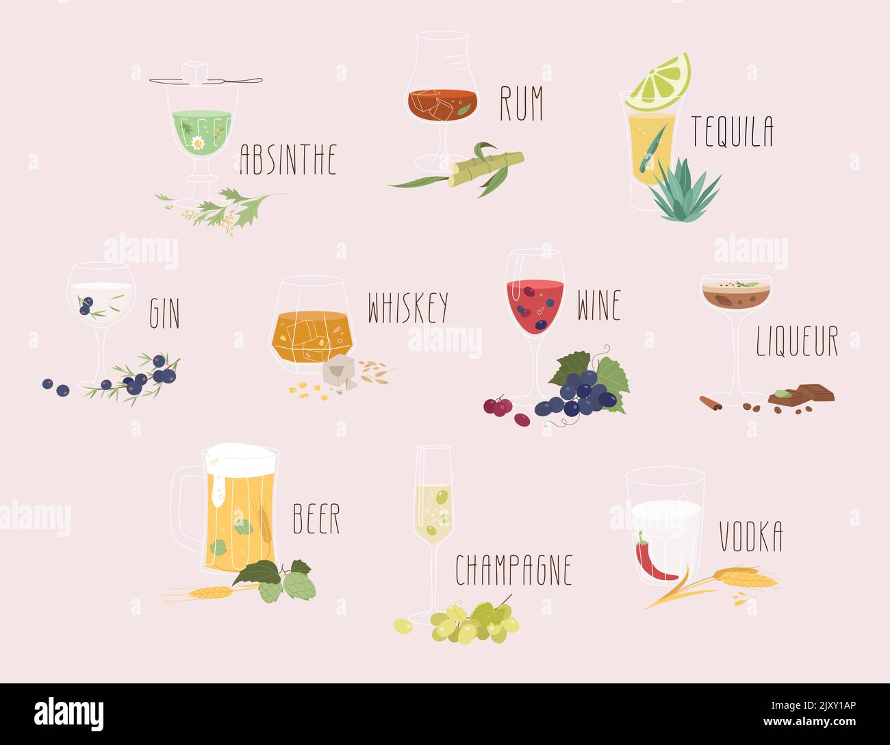 Icone Set di vari tipi di alcool in diversi bicchieri con componenti. Collezione di vetreria in disegno vettoriale a profilo piatto. Illustrazione Vettoriale