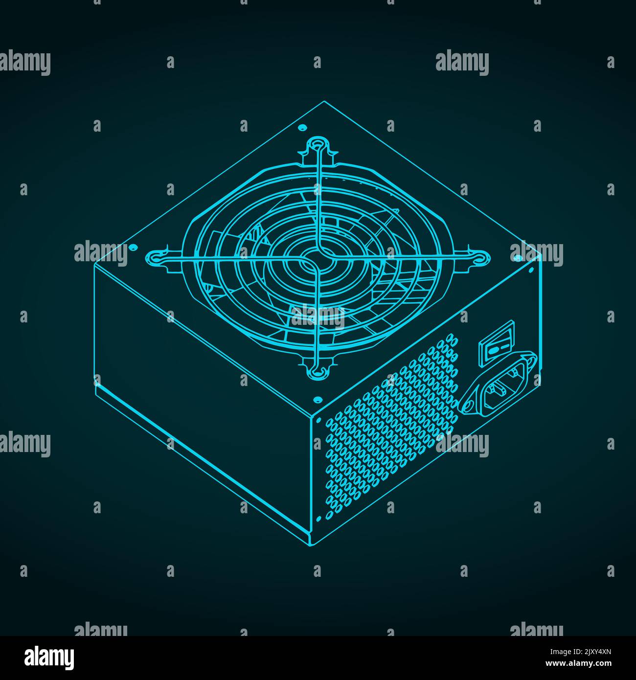 Illustrazione vettoriale stilizzata di un modello isometrico di PSU Illustrazione Vettoriale