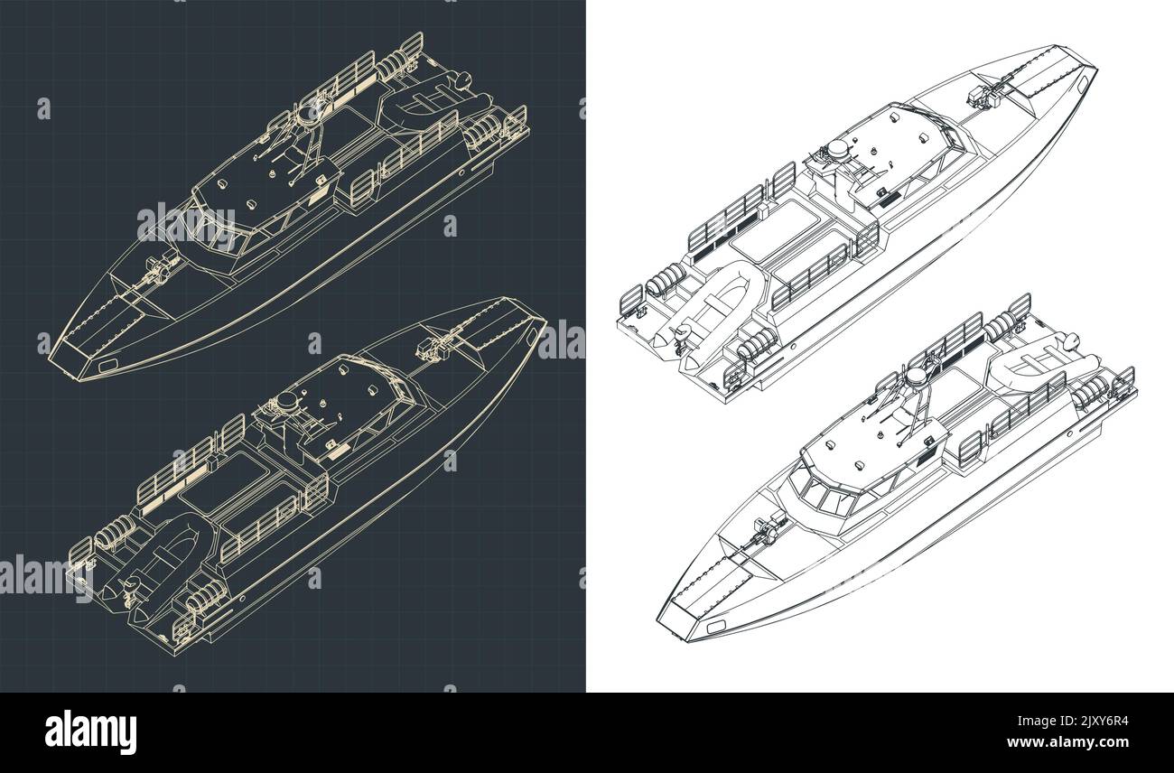 Illustrazioni vettoriali stilizzate di progetti isometrici di motoscafi ad alta velocità Illustrazione Vettoriale