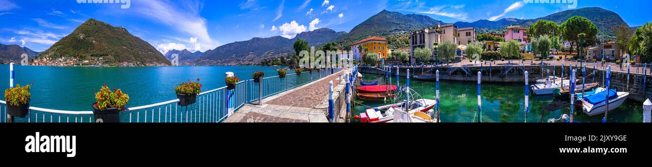 scenario dei laghi italiani. Lago magico Iseo . bellissima isola di Monte Isola e Peschiera Maraglio paese. Italia, provincia di Brescia Foto Stock