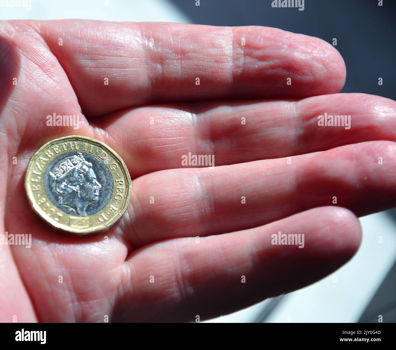 Una moneta britannica di una libbra nel palmo di una mano di un uomo anziano o più anziano. Foto Stock