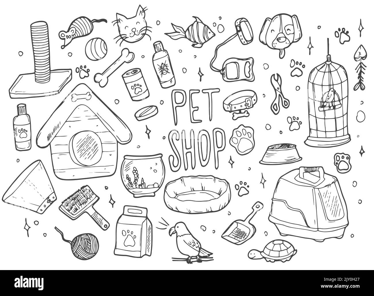 Negozio di animali domestici doodle Set. Raccolta di disegni a mano modelli modelli di gabbie di uccelli cani cibo e collari cucciolate di gatti e giocattoli su bac trasparente Illustrazione Vettoriale