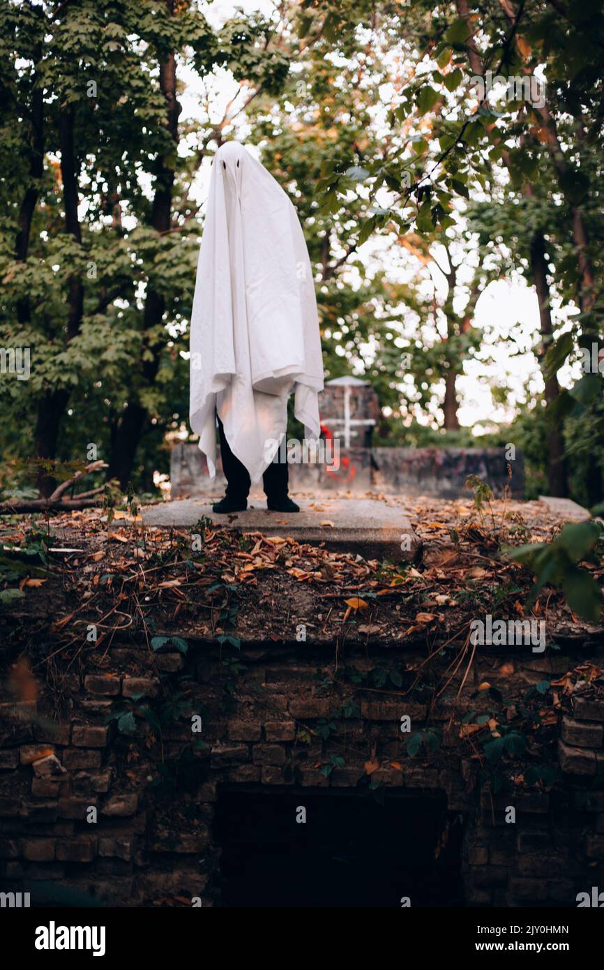 Uomo che indossa costume fantasma mentre si trova sulla tomba nel cimitero durante Halloween Foto Stock