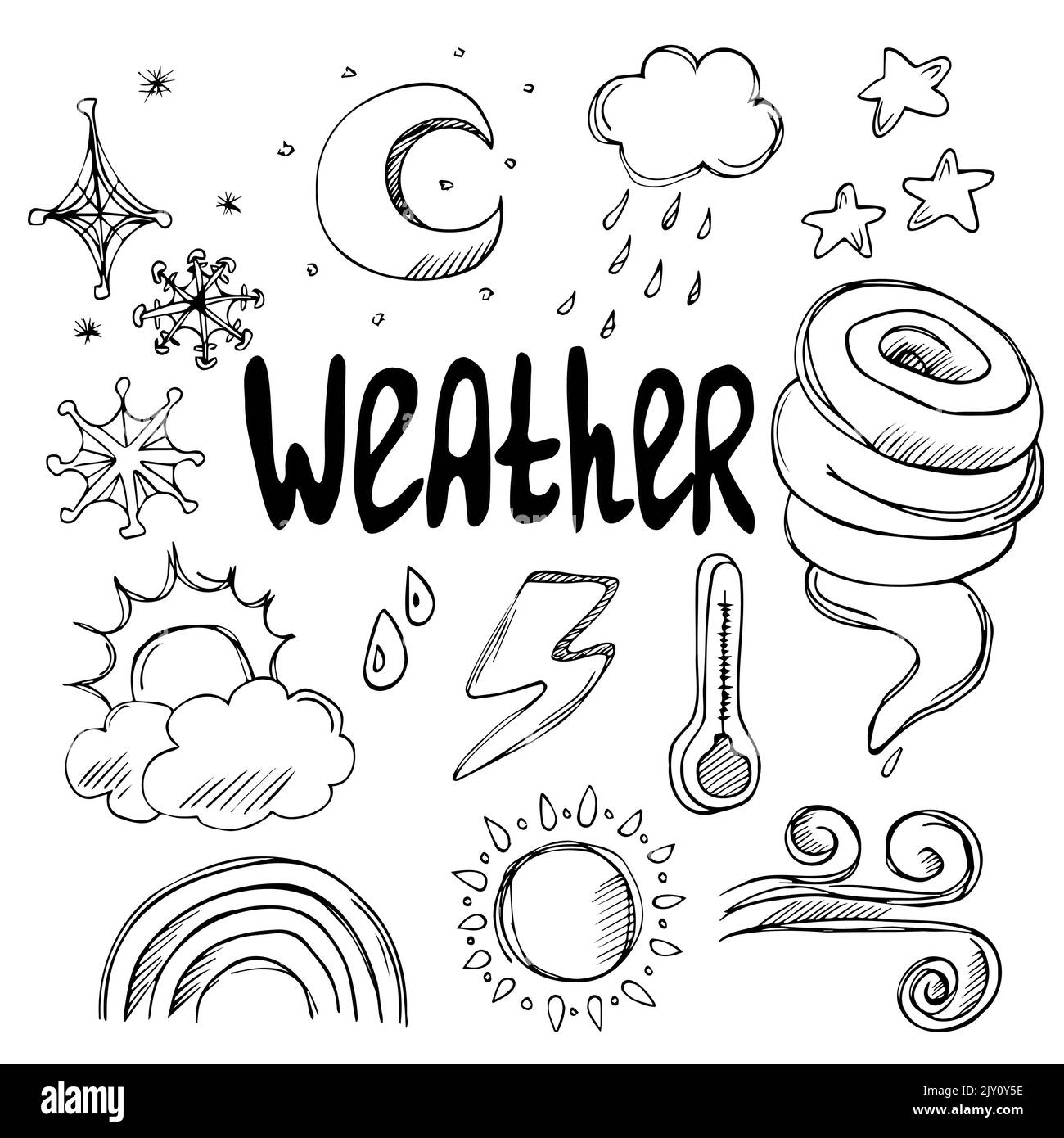 Collezione di doodles vettoriali disegnati a mano - icone meteo. Nuvole, sole, pioggia, stelle e luna, termometro, neve, vento, tornado simboli. Illustrazione Vettoriale
