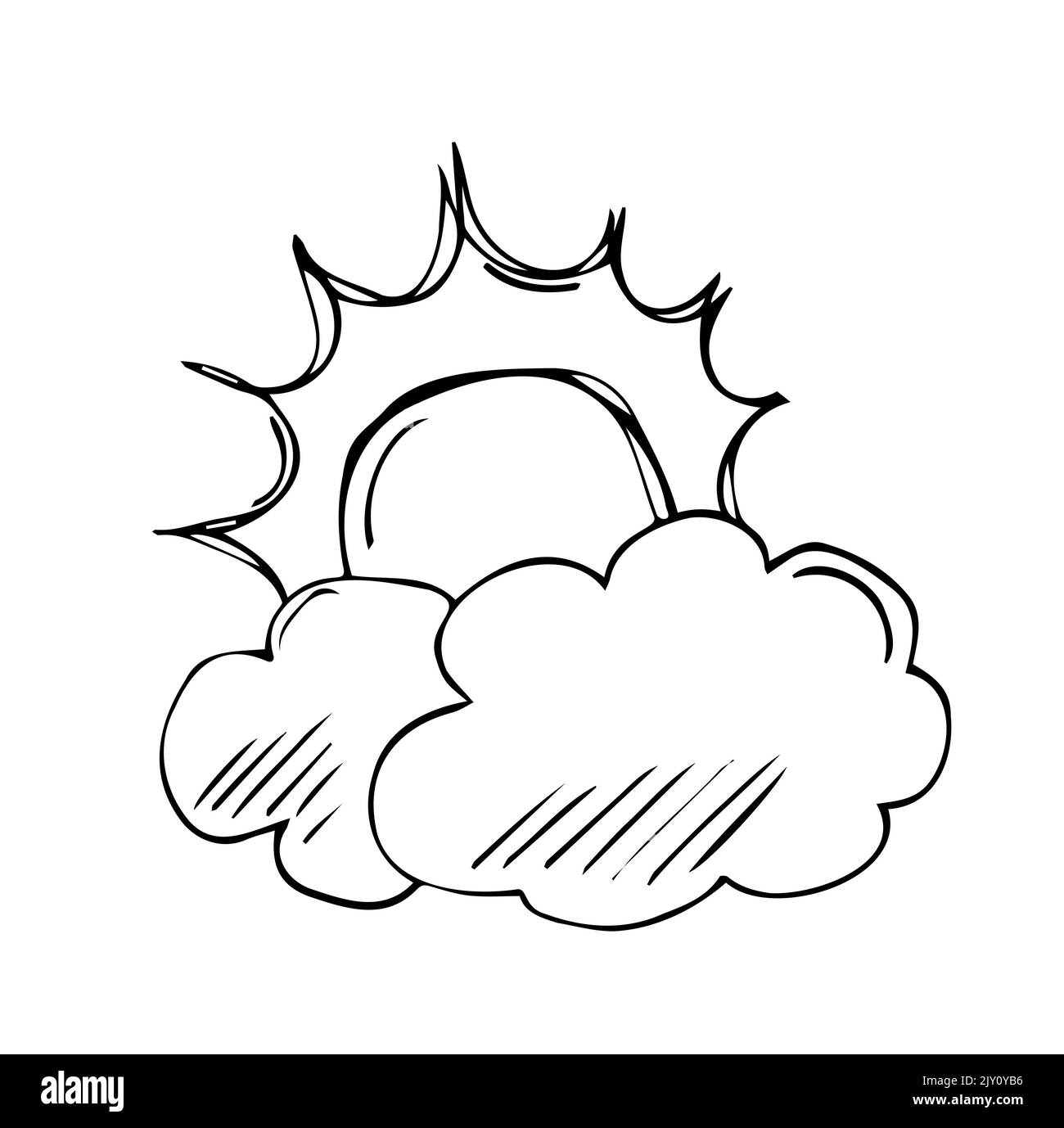 Condizioni meteorologiche. tempo nuvoloso. cielo e sole, nuvole. Illustrazione vettoriale disegnata a mano nello stile di schizzo. Illustrazione Vettoriale