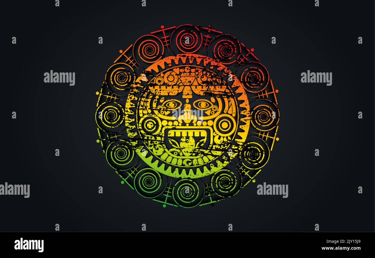 Antico Dio del sole Maya Sacro, calendario ruota azteco, simboli Maya maschera etnica. Cornice rotonda psichedelica bordo vecchio logo icona. Grunge Mandala vettore Illustrazione Vettoriale