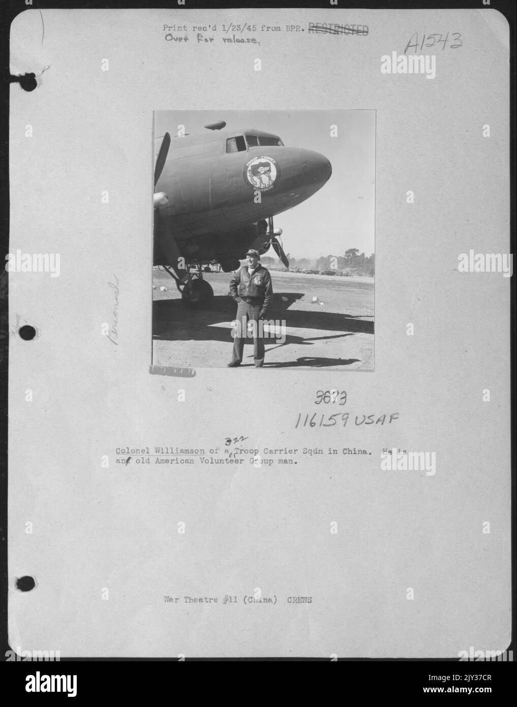 Colonnello Williamson di Una truppa 322 Carrier SQD. In Cina. È un vecchio uomo del gruppo di Volontariato Americano. Foto Stock