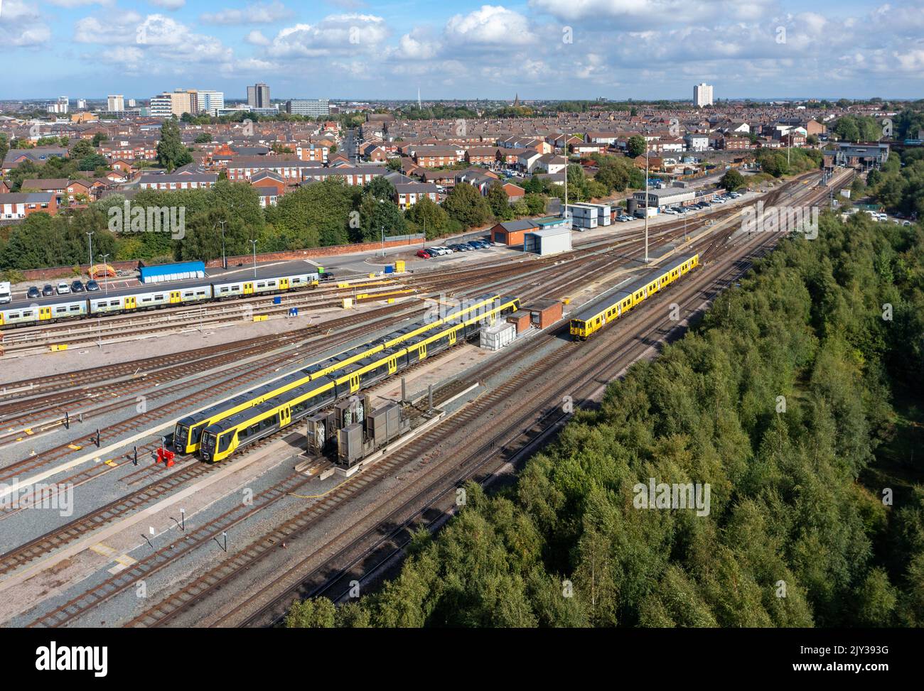 Stadlers Nuova classe 777 presso il deposito Stadlers Merseyrail presso il deposito ferroviario di Kirkdale. 5th settembre 2022. Foto Stock
