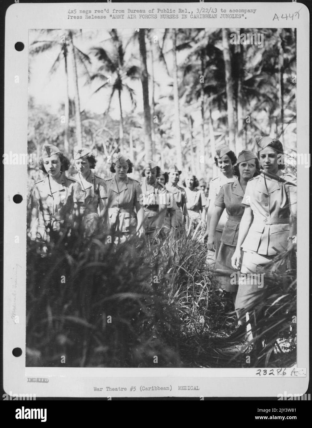 Le infermiere dell'esercito marciano attraverso la giungla ombreggiata di palme per familiarizzare con le giungle lussureggianti dell'area caraibica in cui stanno servendo con le forze aeree. Il garb è l'uniforme di regolazione delle infermiere per i climi tropicali. Foto Stock
