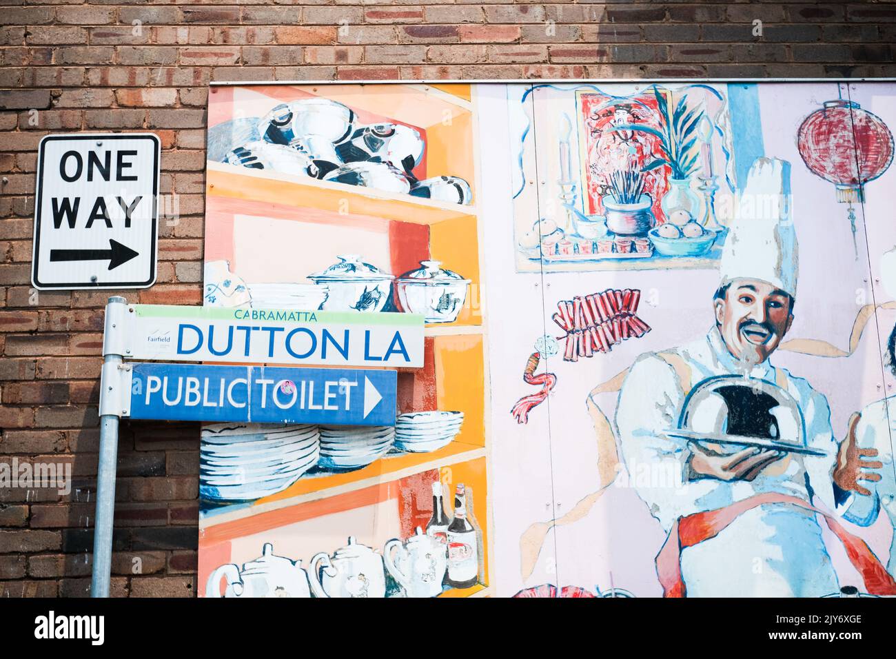 Segnaletica stradale e murale, Dutton Lane, Cabramatta - Sydney, Australia Foto Stock