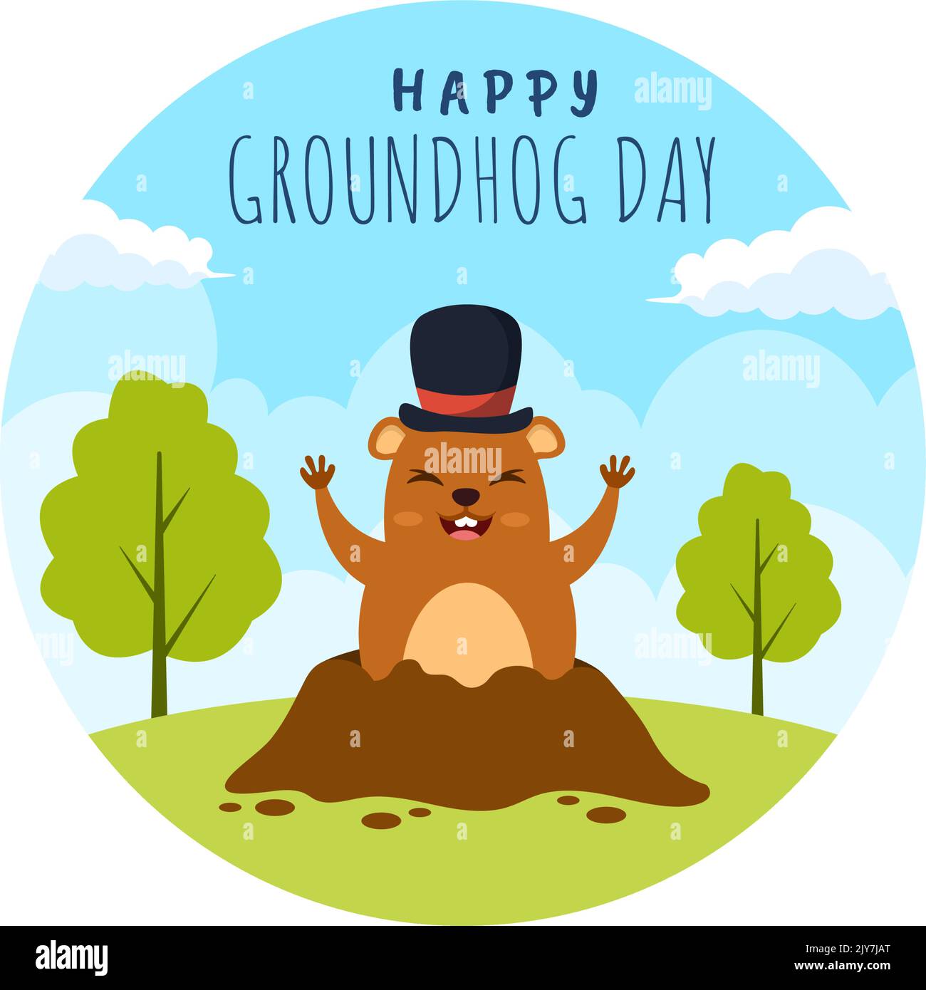 Buon giorno di Groundhog il 2 febbraio con il carattere carino Marmot e il giardino modello di sfondo disegnato a mano Cartoon Flat Illustrazione Illustrazione Vettoriale