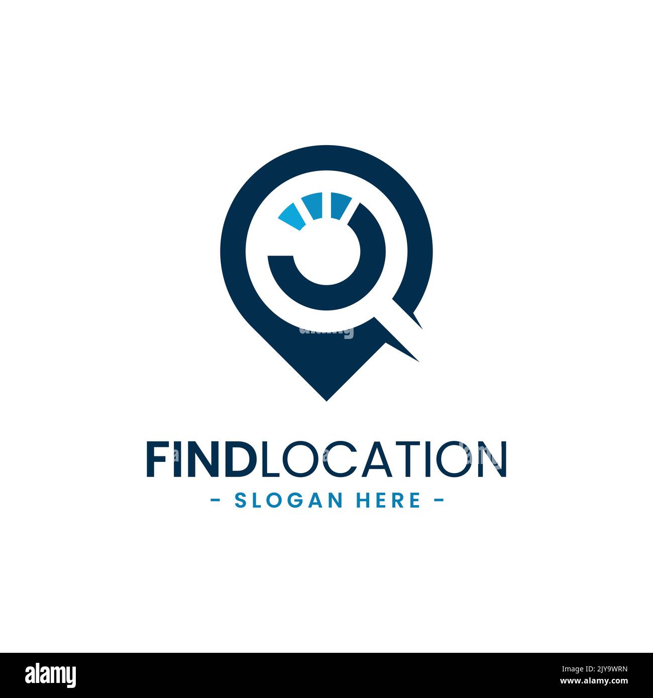 Trova il modello di design del logo della posizione. Localizzatore della città. Puntatore e loupe o lente di ingrandimento icona combinazione vettoriale. Illustrazione Vettoriale