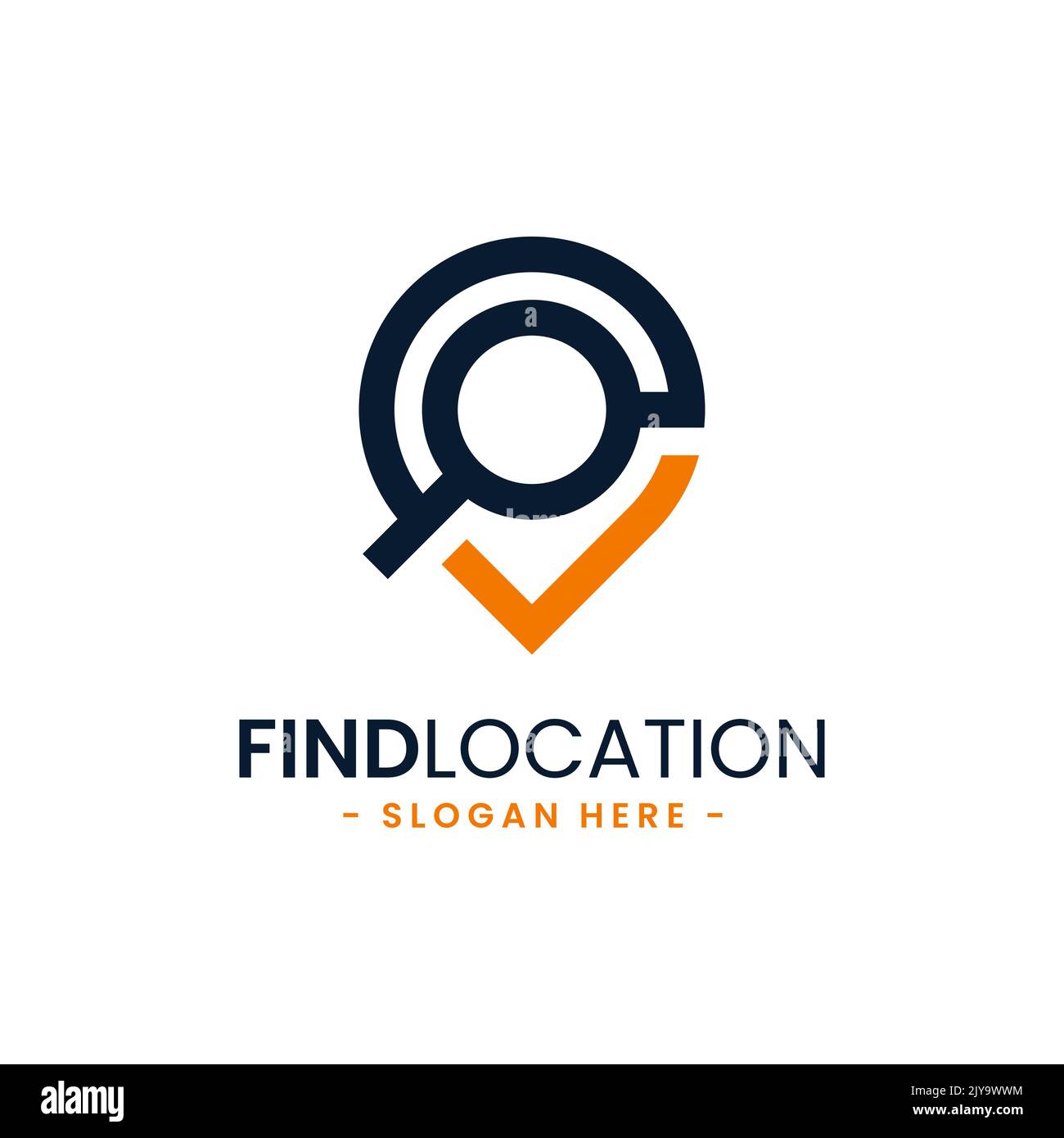 Trova il modello di design del logo della posizione. Localizzatore della città. Puntatore e loupe o lente di ingrandimento icona combinazione vettoriale. Illustrazione Vettoriale