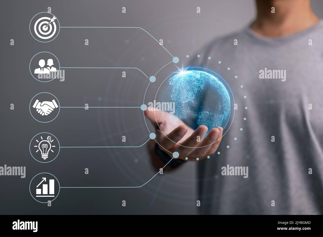 Imprenditore che lavora nei campi delle tecnologie di connessione di rete Internet in tutto il mondo, marketing digitale e analisi aziendale. Foto Stock