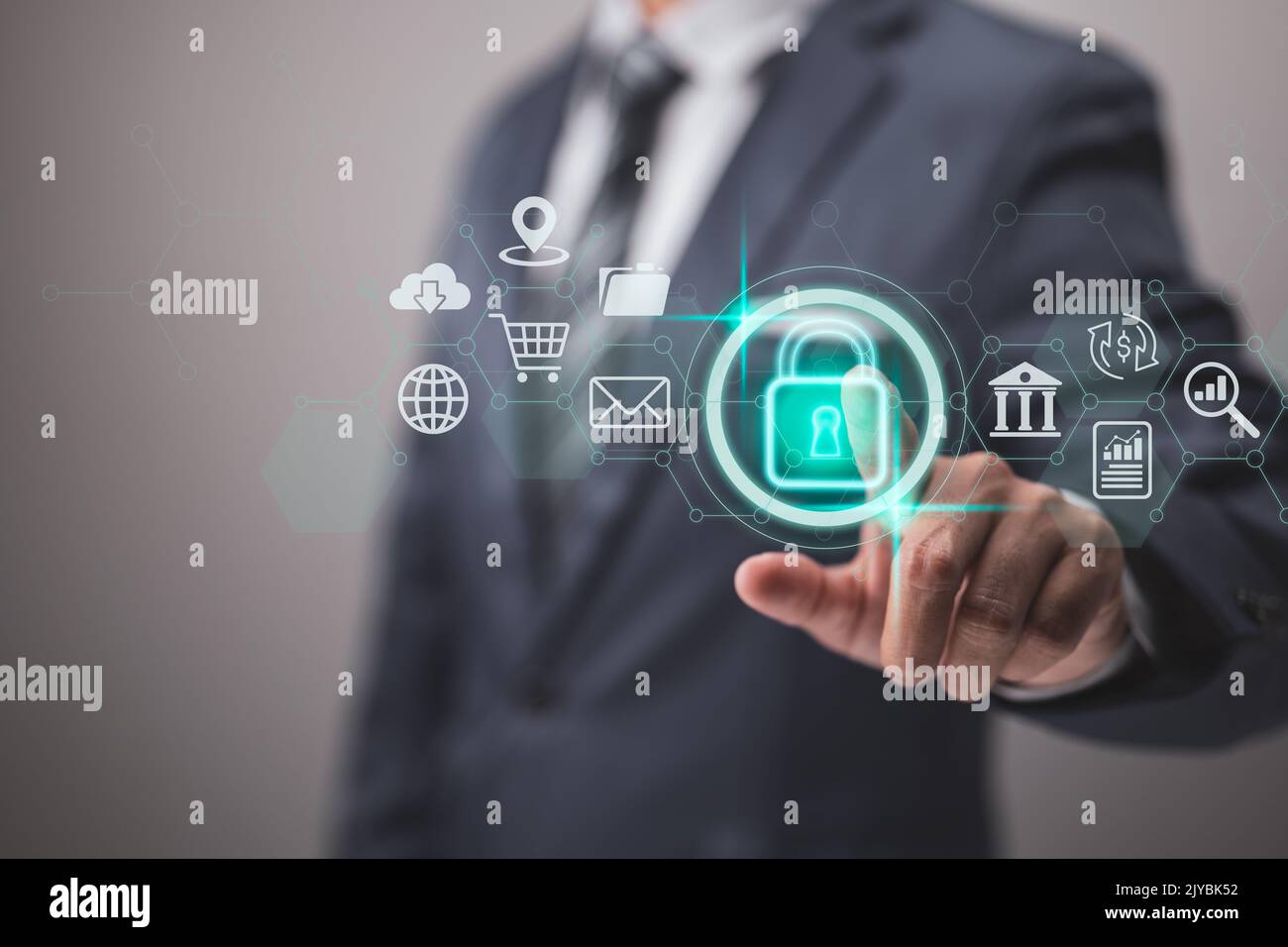 I dati possono essere protetti utilizzando idee sulla sicurezza informatica e sulla privacy. Simbolo di blocco e tecnologia di protezione della rete Internet. Dati personali protetti tramite virtua Foto Stock
