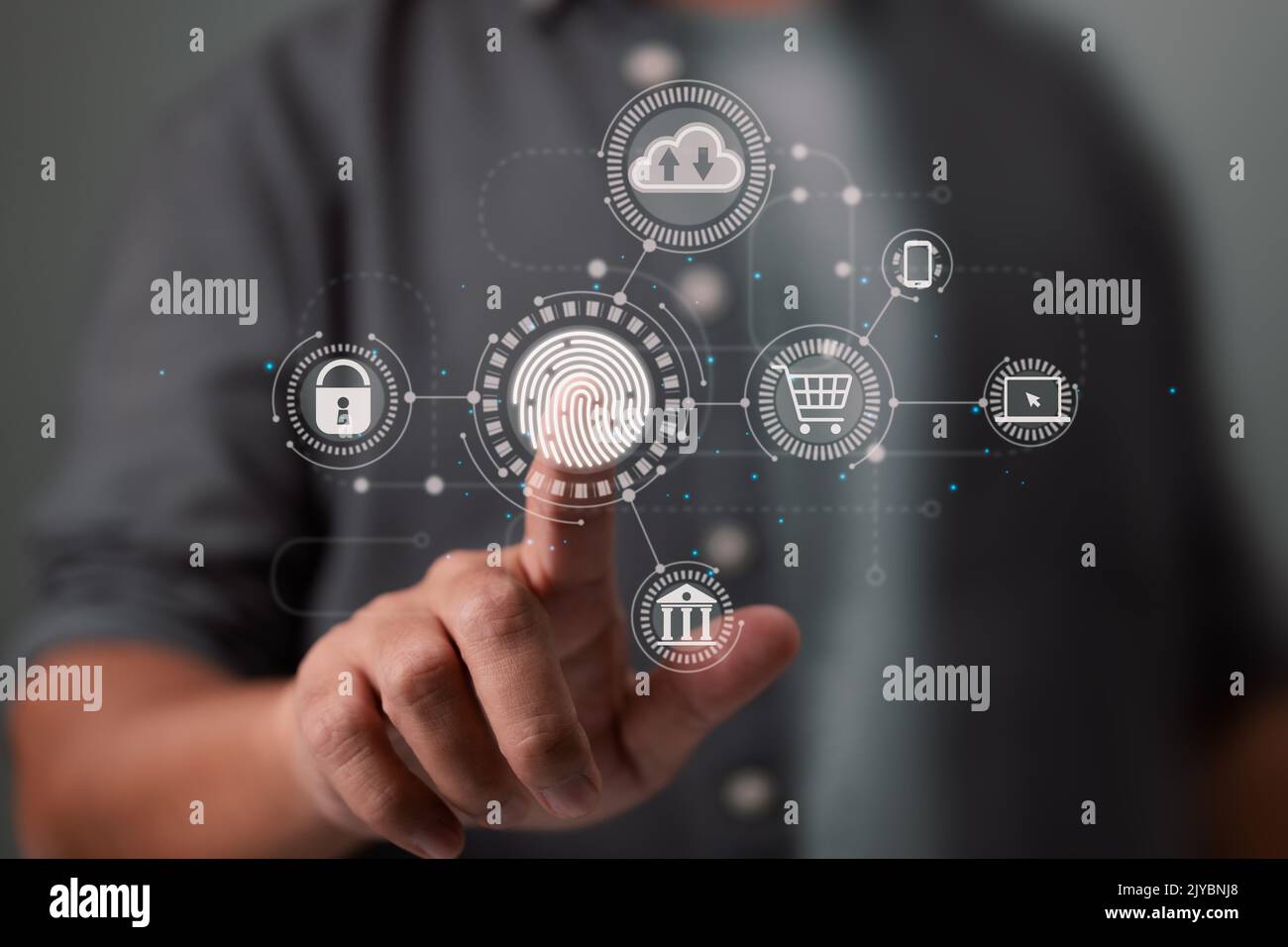 La scansione delle impronte digitali dell'uomo d'affari offre un'interfaccia sicura per pagamenti online, servizi bancari e connessioni di rete per il cloud computing. Foto Stock